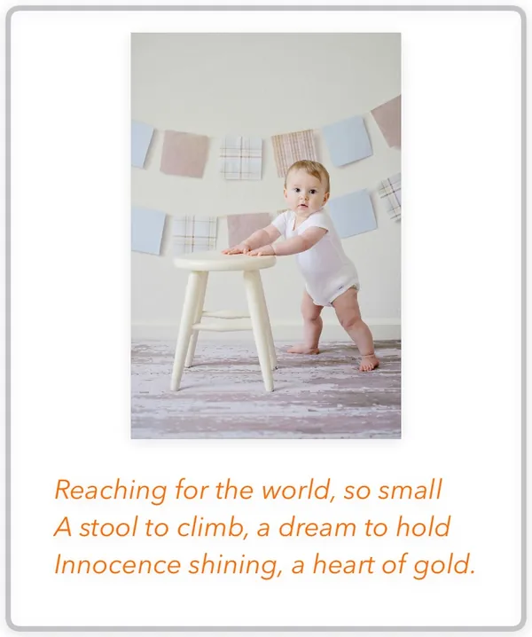 Poem card: a baby standing up against a small white stool