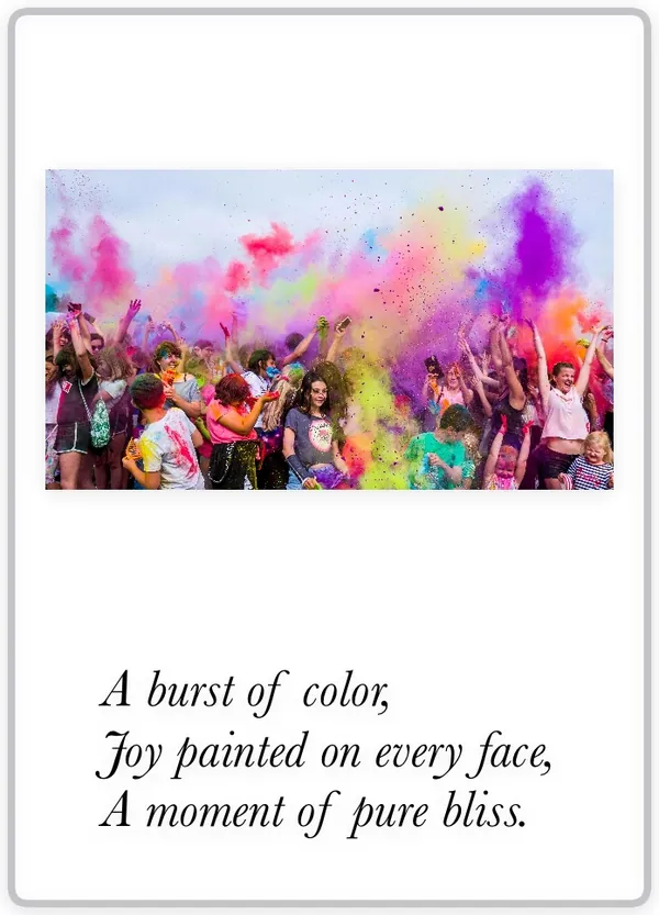 Poem card: a crowd throwing colored powder at a Holi festival